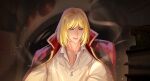  1boy absurdres argyle_clothes argyle_jacket blonde_hair blue_eyes collarbone gold_necklace highres howl_no_ugoku_shiro howl_pendragon indoors jacket jacket_on_shoulders jewelry laomengfen male_focus necklace parted_lips shirt short_hair smile smoke smoke_trail solo upper_body white_shirt 