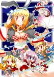  4girls :3 alternate_color animal_around_neck animal_on_head argyle_clothes argyle_dress belt black_cat blonde_hair blue_background blue_shirt blue_skirt blue_sleeves book boots breasts brown_horns cape cat cat_on_head chibi closed_mouth commentary_request cover cover_page creator_(ragnarok_online) curtained_hair detached_sleeves doujin_cover dress fox full_body fur_collar grey_boots grey_dress high_priest_(ragnarok_online) holding holding_book holding_skewer horns juliet_sleeves kurumizawa_taroh long_hair long_sleeves looking_at_viewer medium_breasts multiple_girls mushroom on_head open_mouth parted_bangs pink_hair pointy_ears professor_(ragnarok_online) puffy_sleeves purple_belt purple_eyes ragfes ragnarok_online red_cape red_dress red_eyes sash shirt short_hair skewer skirt skirt_set sleeveless sleeveless_dress smile sorcerer_(ragnarok_online) spore_(ragnarok_online) star_(symbol) strapless strapless_dress striped_sleeves thighhighs two-tone_dress white_dress white_sash white_sleeves white_thighhighs 