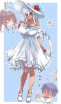  &gt;_&lt; 1boy 2girls admiral_(kancolle) anchor_necklace blue_hair blue_ribbon blush breasts brown_eyes brown_hair cleavage closed_eyes collarbone dark-skinned_female dark_skin dress flower frilled_dress frills hat hat_flower hat_ribbon heart heart_hands highres holding holding_removed_eyewear jewelry kantai_collection large_breasts long_hair mashiro_yukiya military_uniform multiple_girls musashi_(kancolle) naval_uniform necklace ponytail red_flower ribbon shoes sun_hat sundress translation_request unworn_eyewear white_dress white_flower white_hat white_shoes yamato_(kancolle) 
