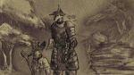  anthro armor better_version_at_source canid canine canis clothing detailed_background domestic_dog duo eye_contact female flower hat headgear headwear helmet hi_res kirou kirou_(kirou) lake larger_female looking_at_another looking_down_at_partner looking_up_at_partner magic_user male male/female mammal medieval_armor monochrome plant pond robe rose_(flower) sharell_(sharellmommy) size_difference smaller_male staff tree watermark wolf 
