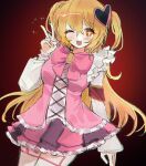  +_+ 1girl ;d armband breasts commentary cowboy_shot don_quixote_(project_moon) fang hair_ornament heart heart_hair_ornament highres kirimi_ch limbus_company long_hair long_sleeves looking_at_viewer one_eye_closed open_mouth pink_garter_straps pink_skirt pink_vest project_moon red_armband red_background simple_background skin_fang skirt smile solo thighhighs two_side_up v vest white_thighhighs 