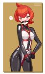  1girl @_@ absurdres ball_gag blush bodysuit breasts censored cuffs dildo gag gagged handcuffs highres impossible_bodysuit impossible_clothes latex latex_bodysuit looking_at_viewer maguro27 mars_(pokemon) medium_breasts mosaic_censoring object_insertion pokemon pokemon_dppt red_eyes red_hair saliva_drip sex_toy shibarikini skin_tight smile solo standing vaginal vaginal_object_insertion 