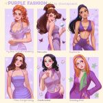  1970s_fashion 6+girls ? bikini bikini_top_only black_hair blonde_hair breasts brown_hair cleavage clothing_cutout commentary copyright_name courtney_shayne curly_hair daphne_blake dark-skinned_female dark_skin dress earrings english_commentary euphoria_(2019) fashion flower glitter gracie_hart green_scarf hairband hercules_(1997_movie) high_ponytail highres holding holding_flower hoop_earrings jawbreaker_(1999) jewelry julianne_porter long_hair looking_at_viewer luztapiaart maddy_perez megara_(disney) midriff miss_congeniality multiple_girls my_best_friend&#039;s_wedding neckerchief orange_hair pants ponytail purple_bikini purple_dress purple_neckerchief purple_pants purple_shirt purple_theme scarf scooby-doo shirt swimsuit 