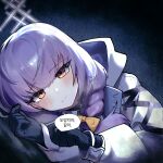  1girl atsuko_(blue_archive) black_gloves blue_archive gloves grey_halo hair_between_eyes halo jacket korean_text long_hair looking_at_viewer purple_hair red_eyes solo speech_bubble translation_request white_jacket yongkak 
