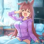  1girl alarm_clock alternate_hairstyle animal_ears bed blush breasts brown_hair character_doll clock closed_eyes commentary_request curtains daiwa_scarlet_(umamusume) doll fang hair_between_eyes hair_down hair_intakes hood hood_down hooded_jacket horse_ears horse_girl indoors jacket large_breasts long_hair open_mouth over_go_au pillow purple_jacket purple_shorts rubbing_eyes short_shorts shorts sitting skin_fang solo squeans umamusume very_long_hair vodka_(umamusume) waking_up window yawning 