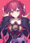  1girl amagase_muyu amagase_muyu_(1st_costume) black_jacket blush cat_hair_ornament commentary_request hair_ornament hairclip hands_up highres jacket long_hair long_sleeves looking_at_viewer lq_saku neck_ribbon nijisanji parallel_hairclips parted_lips red_eyes red_hair red_ribbon ribbon simple_background solo upper_body virtual_youtuber 