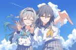  2girls absurdres blue_sky bow bowtie buttons closed_eyes cosplay double-breasted double_v firefly_(honkai:_star_rail) firefly_(honkai:_star_rail)_(cosplay) firefly_(spring_missive)_(honkai:_star_rail) gradient_hair green_bow green_bowtie green_hair grey_hair grey_sailor_collar highres honkai:_star_rail honkai_(series) long_hair long_sleeves multicolored_hair multiple_girls neckerchief ninji665102 open_mouth plaid_bow plaid_bowtie plaid_clothes plaid_skirt pleated_skirt sailor_collar school_uniform shirt skirt sky stelle_(honkai:_star_rail) trailblazer_(honkai:_star_rail) two-tone_hair v white_shirt yellow_eyes yellow_neckerchief 