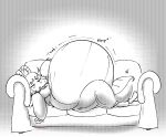  2023 anthro belly big_belly big_breasts blahblah866 breasts dragon female furniture horn huge_belly lying mythological_creature mythological_scalie mythology non-mammal_breasts on_back onomatopoeia overweight rumbling_stomach scalie sofa solo sound_effects text 