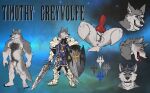 absurd_res animal_genitalia animal_penis anthro arm_tuft armor ball_tuft balls blue_eyes body_hair canid canine canine_genitalia canine_penis canis cheek_tuft chest_hair chumbasket elbow_tuft facial_tuft front_view fur genitals grey_body grey_fur happy_trail hi_res holding_melee_weapon holding_object holding_shield holding_sword holding_weapon knot male male_anthro mammal melee_weapon model_sheet muscular muscular_anthro muscular_male neck_tuft nipples nude open_mouth penis pubes red_nipples red_penis red_tongue shield solo spread_legs spreading sword timothy_greywolfe tongue tongue_out tuft vein veiny_penis weapon white_balls white_body white_fur wolf