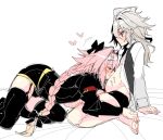  2boys ahoge androgynous astolfo_(fate) black_bow black_garter_straps black_male_underwear black_thighhighs black_vest blush bow closed_eyes closed_mouth crossdressing crossdressing_(mtf) fate/apocrypha fate_(series) garter_straps grey_hair hair_between_eyes hair_bow hair_intakes haoro heart long_braid long_hair male_focus male_pregnancy male_underwear multiple_boys open_clothes open_shirt pink_hair pregnant red_eyes sieg_(fate) sweatdrop thighhighs trap underwear very_long_hair vest white_background yaoi 