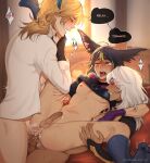 3boys anal animal_ear_fluff animal_ears black_gloves black_hair blonde_hair blush braid cum cyno_(genshin_impact) feather_hair_ornament feathers fox_boy fox_ears genshin_impact gloves green_eyes green_hair group_sex hair_between_eyes hair_ornament highres kaveh_(genshin_impact) long_hair long_sleeves male_focus mmm_threesome multicolored_hair multiple_boys navel nipples open_clothes open_mouth open_shirt penis sex shirt short_hair spread_legs stomach streaked_hair testicles threesome tighnari_(genshin_impact) tongue tongue_out white_hair white_shirt wiistef x_hair_ornament 