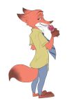  anthro barefoot bottomwear canid canine cheek_tuft clothed clothing dipstick_ears dipstick_tail disney face_tuft food fox fully_clothed fur holding_food holding_object inner_ear_fluff mammal multicolored_ears multicolored_tail necktie nick_wilde orange_body orange_fur pants pawpsicle popsicle red_fox rin_tyan shirt simple_background solo standing tongue topwear tuft white_background white_body white_fur zootopia 