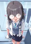  1girl absurdres aoto_mei black_hair blue_archive blue_halo blue_necktie blue_skirt brown_eyes collared_shirt commentary_request condom condom_wrapper cowboy_shot flat_chest glasses gloves grey_sweater_vest hair_ribbon halo heart highres holding holding_condom holding_wrench jacket looking_at_viewer millennium_science_school_student_(blue_archive) millennium_science_school_student_a_(blue_archive) miniskirt necktie one_side_up open_mouth paid_reward_available pleated_skirt ribbon round_eyewear shirt short_hair short_sleeves skirt solo standing sweat sweater_vest variant_set white_gloves white_jacket white_shirt wrench yellow_ribbon 