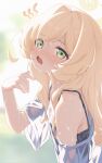  1girl anocco bare_shoulders blonde_hair blue_archive blurry blurry_background blush commentary_request green_eyes hand_up highres hot long_hair looking_at_viewer open_mouth professor_niyaniya_(blue_archive) shirt short_sleeves solo sweat upper_body wet wet_clothes wet_shirt white_shirt wide_sleeves 