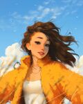  1girl 1other :d bird blue_sky blurry blurry_foreground brown_eyes brown_hair cloud cloudy_sky day fur_jacket gloves grin hair_flowing_over highres jacket jewelry medium_hair necklace orange_gloves orange_jacket original outstretched_arms revision sam_yang shirt sky smile tank_top upper_body wavy_hair wheat white_shirt 