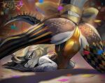 accessory anthro ass_up big_butt black_body black_hair bodysuit bow_ribbon butt butt_focus circus circus_tent claws clothed clothing confetti dragon female furgonomics genital_focus genitals gold_body grey_body grey_skin hair hi_res horn jack-o&#039;_pose ksujo legwear looking_at_viewer mythological_creature mythological_scalie mythology pose ribbons scales scalie skinsuit smile solo spiked_tail spikes spikes_(anatomy) split_color spotlight spread_legs spreading stage stockings stripe_pattern tail tail_accessory tail_bow tail_ribbon tent thick_thighs tight_clothing vulva white_hair
