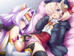  1boy 1girl azarin_(kouyoku_senki_exs-tia) black_gloves blonde_hair blue_eyes blush breasts clothes_lift detached_sleeves elbow_gloves exs-tia_magica game_cg gloves hair_intakes hair_over_one_eye hat hetero horns inoino kouyoku_senki_exs-tia large_breasts large_variant_set long_hair looking_at_viewer lying nipples non-web_source official_art on_back open_mouth panties penis penis_in_panties picologil pink_panties purple_hair purple_panties ribbon sheep_horns short_hair skirt skirt_lift spread_legs thighhighs trap underwear variant_set yellow_eyes 