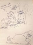 2024 alli_(blahblah866) belly big_belly blahblah866 burping dialogue duo english_text female food furniture generation_7_pokemon generation_8_pokemon hi_res hisuian_form hisuian_lilligant nintendo overweight phera_(blahblah866) pheromosa plate pokemon pokemon_(species) regional_form_(pokemon) sitting sketch sound_effects stuffing table text traditional_media_(artwork) ultra_beast weight_gain