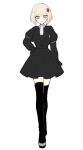  1girl a_berrypop blonde_hair blush boots dress full_body grey_eyes hair_ornament highres juliet_sleeves long_sleeves oosuzuki_kurara puffy_sleeves short_hair simple_background solo standing the_hundred_line_-last_defense_academy- thigh_boots zettai_ryouiki 