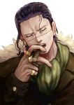  1boy ascot black_coat black_vest cigar closed_eyes coat crocodile_(one_piece) green_ascot hair_slicked_back highres jewelry male_focus one_piece ring sc_scandium simple_background solo stitched_face stitches upper_body vest white_background 