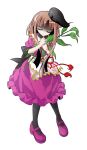  1girl alphes_(style) apron black_hat black_socks blush brown_hair capelet commentary_request dairi damaged defeat dress full_body hat holding kneehighs leaf long_hair mary_janes myouga_(plant) nishida_satono open_mouth parody puffy_short_sleeves puffy_sleeves purple_dress purple_eyes purple_shoes red_ribbon ribbon shoes short_sleeves sidelocks socks solo standing style_parody tachi-e tassel tate_eboshi tears touhou transparent_background waist_apron white_apron white_capelet 