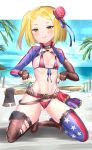  1girl :q absurdres american_flag_bikini american_flag_legwear ass axe bangs beach belt bikini black_legwear blonde_hair blue_sky blush boots breasts brown_gloves cloud cosplay day elbow_gloves fate/grand_order fate_(series) fingerless_gloves flag_print gloves hair_bun highres kneeling mismatched_legwear miyamoto_musashi_(fate/grand_order) miyamoto_musashi_(swimsuit_berserker)_(fate) miyamoto_musashi_(swimsuit_berserker)_(fate)_(cosplay) ocean palm_tree parted_bangs paul_bunyan_(fate/grand_order) short_hair side_ponytail sky small_breasts solo swimsuit thighhighs tiptoes tongue tongue_out tree unizou yellow_eyes 