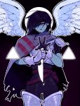  1other angel_wings armor black_gloves blue_hair blue_skin breastplate colored_skin cowboy_shot deltarune gloves greaves highres holding holding_knife im_vess knife kris_(dark_world)_(deltarune) kris_(deltarune) one_eye_covered other_focus red_eyes shaded_face short_hair solo standing sweatdrop triangle vambraces white_wings wings 