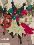 anthro biped black_body black_fur blue_eyes duo female feral fidchellvore fur generation_8_pokemon generation_9_pokemon green_body green_fur grimaldo_(fidchellvore) inside looking_at_viewer male markings mask meowscarada multicolored_body navel nickit nintendo overweight pawpads pokemon pokemon_(species) quadruped red_body red_fur roxi_(fidchellvore) slim standing two_tone_body yellow_eyes
