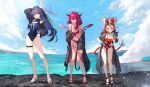  3girls :d absurdres animal_ears artist_request asymmetrical_wings bikini black_coat black_collar black_hair black_jacket blue_eyes blue_hair blue_one-piece_swimsuit blue_sky bow breasts bright_pupils chain chain_headband character_name cleavage_cutout clothing_cutout cloud coat collar colored_inner_hair colored_tips commentary commentary_request crystal_wings day detached_wings english_text eyewear_on_head food front-tie_bikini_top front-tie_top full_body grin hair_between_eyes hair_intakes hair_over_shoulder hakos_baelz hakos_baelz_(holonatsu_paradise) halo hand_on_own_chest hand_on_own_hip heterochromia high_heel_sandals high_heels highres holding holding_food holding_popsicle hololive hololive_english holonatsu_paradise holopromise horizon indonesian_commentary irys_(hololive) irys_(holonatsu_paradise)_(hololive) jacket jewelry large_breasts layered_bikini leaning_forward low_ponytail mechanical_halo medium_breasts mismatched_wings mouse_ears mouse_girl mouse_tail mr._squeaks_(hakos_baelz) multicolored_hair multiple_girls necklace o-ring o-ring_bikini off_shoulder official_alternate_costume official_alternate_hairstyle official_art one-piece_swimsuit open_clothes open_jacket open_mouth ouro_kronii ouro_kronii_(holonatsu_paradise) outdoors pink_eyes pointy_ears ponytail popsicle purple_bikini purple_hair red_hair red_one-piece_swimsuit sandals scrunchie second-party_source side-tie_one-piece_swimsuit sky smile smoke spiked_collar spikes standing star-shaped_pupils star_(symbol) stone_floor streaked_hair sunglasses swimsuit symbol-shaped_pupils tail tail_bow tail_ornament thigh_strap virtual_youtuber volcano white_hair white_pupils wings wrist_scrunchie 