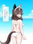  1girl absurdres animal_ears ass ball beachball braid breasts brown_eyes brown_hair cloud commentary_request curren_bouquetd&#039;or_(umamusume) highres horse_ears horse_girl horse_tail long_hair looking_at_viewer medium_breasts ocean open_mouth solo sweetbubble swimsuit tail translation_request umamusume 
