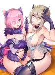  animal_ears artoria_pendragon_(all) artoria_pendragon_(lancer_alter) babydoll bangs bare_shoulders bk201 black_gloves black_legwear black_panties blonde_hair blush bow braid breast_press breasts choker cleavage dangerous_beast elbow_gloves fate/grand_order fate_(series) french_braid fur-trimmed_gloves fur-trimmed_legwear fur_collar fur_trim garter_belt gloves hair_between_eyes hair_bun hair_over_one_eye halloween_costume highres horns interlocked_fingers jewelry lace lace-trimmed_legwear large_breasts lavender_hair lingerie long_hair looking_at_viewer mash_kyrielight navel necklace o-ring open_mouth panties parted_lips pink_bow purple_eyes purple_gloves purple_legwear revealing_clothes royal_icing short_hair sidelocks simple_background sitting smile snowflake_print tail thighs underwear white_background wolf_ears wolf_girl wolf_tail yellow_eyes 
