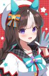  1girl :d animal_ears beret blush bow braid breasts commentary_request gloves grey_sailor_collar hair_bow half_gloves hand_up hat hokko_tarumae_(umamusume) horse_ears long_hair looking_at_viewer low_twintails mauve medium_breasts multicolored_hair open_mouth plaid_clothes plaid_sailor_collar purple_eyes sailor_collar shirt smile solo star_(symbol) striped_bow twin_braids twintails two-tone_hair umamusume upper_body white_gloves white_hair white_hat white_shirt 
