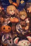  1boy 1girl animal_ears bag basket bat bear_ears belt black_legwear blonde_hair blue_eyes breasts candy cape cat cloud commentary covered_navel dragalia_lost dragon dragon_horns elisanne english_commentary euden eyebrows_visible_through_hair food food_themed_hair_ornament full_moon green_eyes hair_ornament halloween halloween_costume hat hentaki horns jack-o&#039;-lantern large_breasts light_particles long_hair maritimus_(dragalia_lost) moon night night_sky open_mouth paper_bag petals pumpkin pumpkin_hair_ornament purple_eyes short_hair short_sleeves silk sky smile spider_web star_(sky) starry_sky town white_legwear witch_hat 