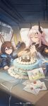  1boy 1other 2girls absurdres amiya_(arknights) animal_ears arknights birthday_cake black_dress black_horns black_jacket blue_eyes box brown_hair cake candle closed_eyes closed_mouth commentary_request day demon_horns doctor_(arknights) drawing_(object) dress food gift gift_box hair_between_eyes hand_on_another&#039;s_shoulder happy_birthday highres holding holding_gift horns interlocked_fingers jacket jdhlfire jewelry letter long_hair multiple_girls multiple_rings own_hands_clasped own_hands_together pink_hair pointy_ears praying rabbit_ears ring sidelocks theresa_(arknights) theresis_(arknights) tongue tongue_out two-tone_dress white_dress 