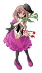  1girl alphes_(style) apron black_hat black_socks blush brown_hair capelet commentary_request dairi damaged defeat dress full_body hat holding kneehighs leaf long_hair mary_janes myouga_(plant) nishida_satono open_mouth parody puffy_short_sleeves puffy_sleeves purple_dress purple_eyes purple_shoes red_ribbon ribbon shoes short_sleeves sidelocks socks solo standing style_parody tachi-e tassel tate_eboshi tears touhou transparent_background waist_apron white_apron white_capelet 