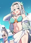  2girls alternate_costume beach bikini bikini_under_clothes black_bikini black_hairband blush breasts erushira faceless faceless_female firefly_(honkai:_star_rail) green_bikini grey_hair hair_between_eyes hair_intakes hair_ornament hairband highres honkai:_star_rail honkai_(series) large_breasts looking_at_viewer multiple_girls navel open_mouth pink_eyes ponytail sarong silver_wolf_(honkai:_star_rail) smile stomach swim_ring swimsuit white_hair 