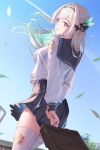  1girl absurdres bag black_sailor_collar black_skirt bowlp brown_bag commentary english_commentary falling_leaves firefly_(honkai:_star_rail) firefly_(spring_missive)_(honkai:_star_rail) from_behind grey_hair hair_intakes highres holding holding_bag honkai:_star_rail honkai_(series) leaf long_hair long_sleeves looking_at_viewer looking_back outdoors plaid_clothes plaid_skirt pleated_skirt purple_eyes revision sailor_collar shirt skirt smile solo thighhighs thighs white_shirt white_thighhighs 