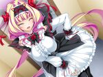  1girl :d ^_^ azarin_(kouyoku_senki_exs-tia) black_pantyhose blonde_hair blush bow breasts closed_eyes corset dress dutch_angle flower frills game_cg gothic_lolita hair_bow hair_intakes hair_ribbon hairband hand_on_own_hip indoors inoino kouyoku_senki_exs-tia large_breasts leaning_forward lolita_fashion lolita_hairband long_hair long_sleeves non-web_source official_art open_mouth pantyhose red_bow red_ribbon reflection ribbon rose skirt smile solo twintails underbust variant_set very_long_hair 