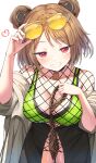  1girl absurdres blush breasts brown_hair brown_necktie coat collarbone commission double_bun fishnet_top fishnets girls&#039;_frontline hair_bun heart highres holding holding_necktie holding_removed_eyewear large_breasts long_hair medium_hair necklock necktie off_shoulder official_alternate_costume open_mouth p90_(girls&#039;_frontline) p90_(the_girl_from_b.e.l)_(girls&#039;_frontline) red_eyes simple_background skeb_commission smile solo sunglasses unworn_eyewear white_background white_coat white_mouth yamato_(muchuu_paradigm) 