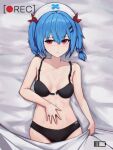  1girl black_bra black_panties blue_hair blush bra breasts colphne_(girls&#039;_frontline_2) girls&#039;_frontline girls&#039;_frontline_2:_exilium hair_between_eyes hair_ornament hairclip hand_on_own_stomach hat light_smile looking_at_viewer lying medium_breasts medium_hair navel nurse_cap on_back on_bed panties recording red_eyes reiji_(zero) sheet_grab small_breasts solo twintails underwear undone_bra 