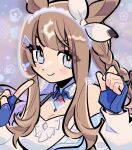  +_+ 1girl almond_eye_(umamusume) animal_ears artist_request blue_gloves blurry blurry_background blush braid brooch brown_hair collar colored_inner_hair gloves hair_ornament hair_tie hairband hairclip heart heart_brooch horse_ears horse_girl jewelry long_hair looking_at_viewer multicolored_hair side_braid simple_background smile solo symbol-shaped_pupils too_many_hair_ornaments umamusume white_hairband x-shaped_pupils 