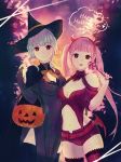  2girls belt blue_hair breasts bridal_gauntlets candy cape cleavage closed_mouth demon_horns earrings fake_horns fire_emblem fire_emblem:_three_houses food halloween_basket halloween_costume happy_halloween hat highres hilda_valentine_goneril holding_lollipop horns jewelry lollipop long_hair marianne_von_edmund multiple_girls n2ewu pink_hair short_shorts shorts smile thighhighs tongue tongue_out twintails witch_hat 