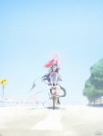  2girls :3 absurdres alternate_costume bicycle black_hair blue_archive demon_girl demon_horns demon_tail fang halo highres horns kasumi_(blue_archive) megu_(blue_archive) multiple_girls necktie norio_(norio386) open_mouth outdoors red_hair red_halo red_necktie riding riding_bicycle shirt tail white_halo white_shirt wide_shot yellow_eyes 
