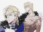  1boy abs bare_pectorals black_fur blonde_hair blue_cape blue_eyes cape closed_mouth collarbone dimitri_alexandre_blaiddyd dimitri_alexandre_blaiddyd_(timeskip) eyepatch fire_emblem fire_emblem:_three_houses fur-trimmed_cape fur_trim looking_ahead looking_to_the_side male_focus medium_hair multiple_views muscular muscular_male one_eye_covered pectorals profile scar scar_on_arm scar_on_chest sideburns sideways_glance simple_background topless_male tsukimura_noe white_background white_fur 