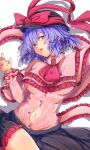  1girl absurdres black_hat black_skirt breasts frilled_ribbon frills hat hat_ribbon highres looking_at_viewer midriff nagae_iku navel nuru_himmel pink_shirt purple_hair red_eyes red_ribbon ribbon shirt short_hair skirt solo touhou 