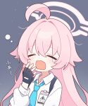  1girl ahoge black_gloves blue_archive blue_necktie closed_eyes collared_shirt commentary fang fingerless_gloves gloves grey_background halo hand_up highres hoshino_(blue_archive) long_hair long_sleeves meroharome necktie open_mouth pink_hair pink_halo shirt skin_fang solo squeans tears translated upper_body white_shirt yawning 