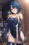  1girl absurdres adversarial_noise awono_nanaumi black_gloves breasts city city_lights commentary commentary_request competition_swimsuit condom elbow_gloves fukami_nana_(awono_nanaumi) gloves hair_flaps heavy_breathing highleg highleg_one-piece_swimsuit highres holding holding_condom large_breasts multicolored_swimsuit one-piece_swimsuit original skindentation swimsuit thighhighs two-tone_swimsuit watermark window 