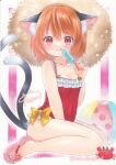  1girl :q adapted_costume alternate_headwear animal_ear_fluff animal_ear_piercing animal_ears ball bare_arms bare_legs bare_shoulders beachball between_legs bow breasts brown_eyes brown_hair cat_ears cat_tail chen commentary_request covered_navel crab dot_nose earrings food frills from_side full_body hand_between_legs hand_up hat highres holding holding_food holding_popsicle jewelry looking_at_viewer looking_to_the_side multiple_tails nail_polish nekomata one-piece_swimsuit popsicle red_eyes red_nails red_one-piece_swimsuit sandals simple_background single_earring sitting small_breasts solo straw_hat swimsuit tail toenail_polish toenails toes tongue tongue_out touhou tsugumi_(tky-fam) two_tails wariza white_background yellow_bow 