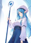  1girl blue_eyes blue_hair blue_skirt breasts clothing_request commentary_request detached_collar earrings elf gem hat holding holding_staff jewelry kirishima_satoshi large_breasts light_smile long_hair long_pointy_ears looking_at_viewer mage_staff original pointy_ears shirt skirt solo staff very_long_hair white_hat white_shirt 