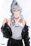  1girl absurdres black_jacket black_pants blue_eyes breasts cleavage closed_mouth cross cross_necklace ear_piercing flower_tattoo grey_hair highres jacket jewelry leather leather_jacket long_hair mole mole_under_eye necklace off_shoulder open_clothes open_jacket original pants piercing ryoga simple_background solo tank_top tattoo white_background white_tank_top 
